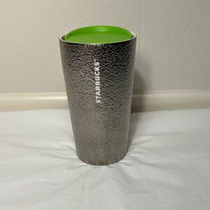 2023 Starbucks Silver Metallic Textured Ceramic Tumbler With Neon Lime Green Lid